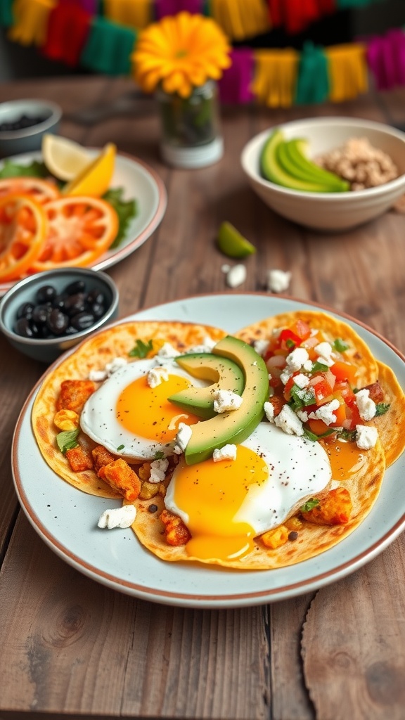 Huevos Rancheros with black beans, sunny-side-up eggs on corn tortillas with salsa and avocado, served on a rustic table.